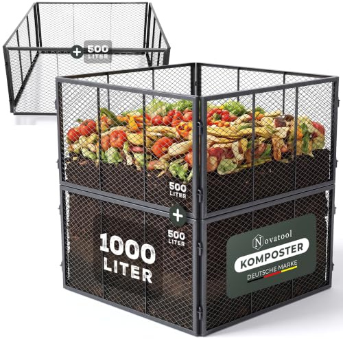 Novatool Lot de 2 composteurs de jardin en métal 500 l + 1000 l, avec système d'emboîtement extensible, composteur en métal revêtu par pulvérisation, grille de compost Silo, caisse à compost bio pour