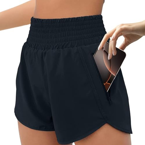 JiaYouLC Womens 2 in 1 Running Shorts with One Side Pockets Double Layer Quick Drying Lightweight Activewear Shorts for Workout Sport Training Jogging Gym (UK, Alpha, M, Regular, Regular, Black)