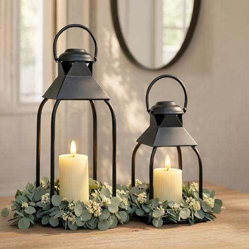 Dekorative Metall-Laternen für drinnen und draußen, Kerzenhalter für Veranda, Terrasse, Kamin, Boden, Hochzeit, Weihnachten, Herbst, Urlaub, Bauernhaus-Tischdekoration (schwarz, 2 Stück, 39,9 cm, 30,5