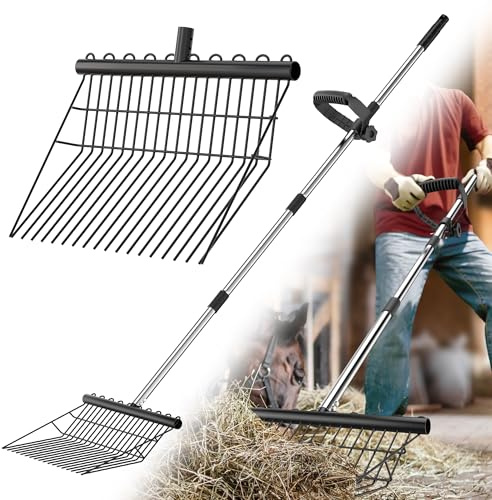 Manure Fork - Metal Horse Manure Rake with 2 Durafork Replacement Heads and 1 Steel Handle, Rustproof Heavy Duty Hay Pitch Fork for Horse Stall Poop