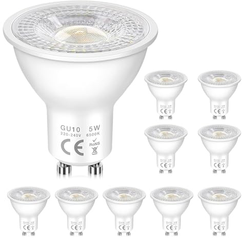 Lampadine GU10 LED Spot, 5W (Equivalenti a 50W Alogena), Luce Bianco Freddo 6500K, 500 Lumen, 120° Angolo del Fascio, Basso Consumo, per Luci da Binario, Luci Incassate, Non Dimmerabile, 10 Pezzi