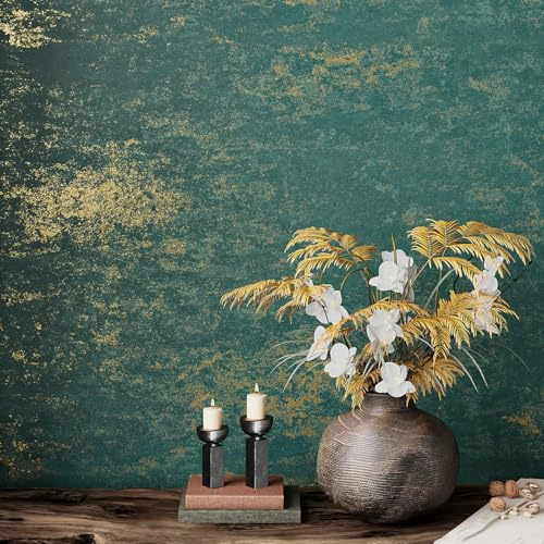 VEELIKE Distressed Teal Gold Metallic Peel and Stick Wallpaper Plaster Concrete Wallpaper for Bedroom Living Room 15.7''x354'' Self Adhesive Removable Green Metallic Contact Paper for Accent Wall