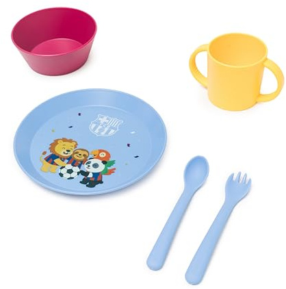 Miniland – Kiddie Mealset FC Barcelona – Vajilla Infantil para BLW con Plato, Bol, Vaso con Asas y Cubiertos – Libre de BPA – Apto para Lavavajillas – Diseño Oficial del Club