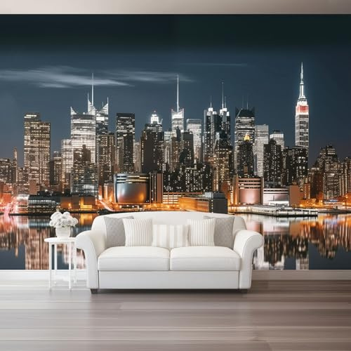 Papel pintado Vista nocturna de la ciudad con neón Fotomurales Pared Tejido No Tejido Decorativos Murales Fotográfico Color dorado frío Moderno Decoración de Paredes 250 x 175 cm