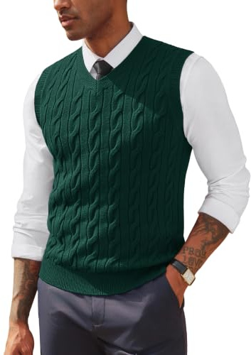 PJ PAUL JONES Chalecos de suéter para hombre con cuello en V, trenzados y de punto sin mangas, casuales, de estilo pullover, verde oscuro, XXL