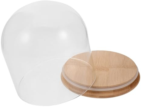 HOMOBABE Campana de Vidrio Transparente con Base de Bambú Forma de Campana para Decoración DIY Protección de Flores Soporte Estable para Exhibición de Coleccionables