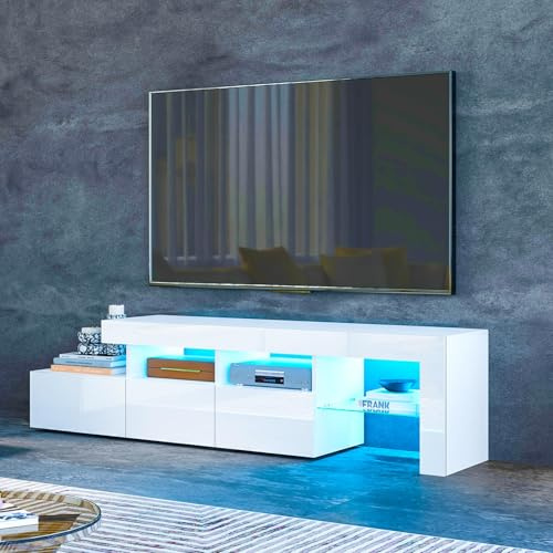 TV Cabinet for Living Room with 16-Colour LED Lights, White Gloss TV Unit | High Gloss, for TV up to 59 inch, TV Unit with Storage, Modern TV Stand Cabinet with 3 Drawers & 3 Open Shelves