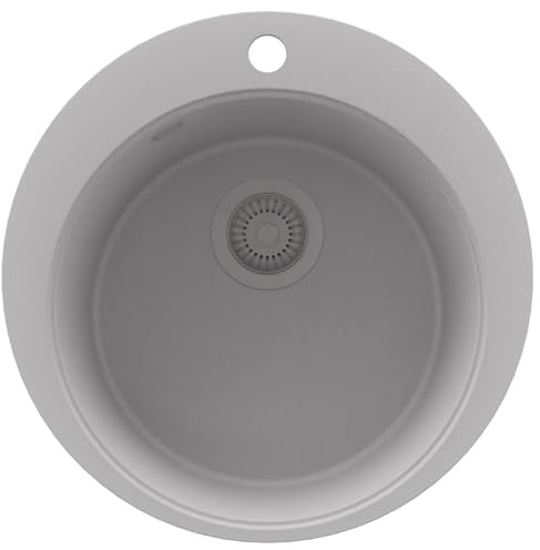 PRIMAGRAN Lavello Rotondo Grigio 50x50cm, Lavandino in Granito a 1 vasca + Sifone Classico, Lavabo da Cucina Incasso al mobile 45cm - Pise