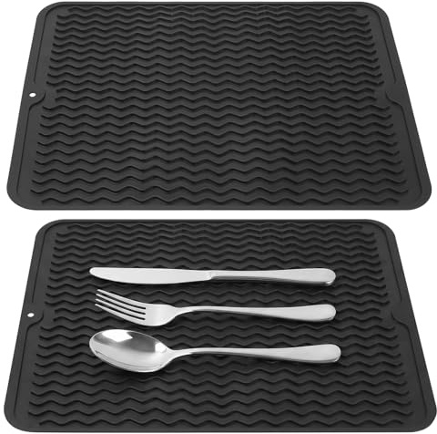 Alfombrilla Escurreplatos de Silicona, 30 x 40 cm Alfombrilla para secar PlatosAlfombrillas de Drenaje, Tapetes de Silicona, Alfombrillas Secado de Platos para Fregadero Tapete de Mesa(Negro)