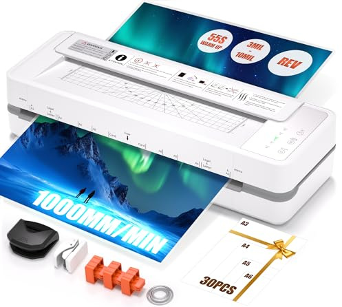 13 Commercial 4-Roller Laminator, 3-10 Mil Thickness, Fast 55s Warm-Up & 1000mm/min Speed, for A3 & 11x17, Includes 30 Sheets, for Office/School, White