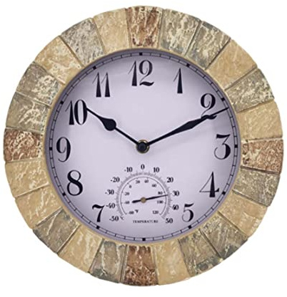 Lawnrden Reloj de Pared Colgante con termómetro Reloj de jardín Impermeable al Aire Libre Pared Retro para decoración del hogar 10 Pulgadas |.Retro