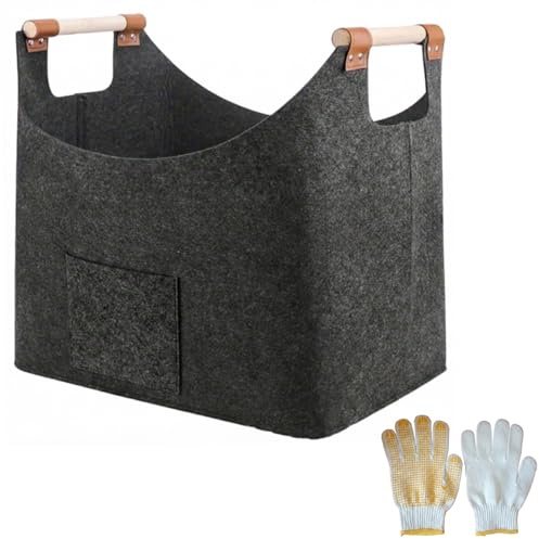 Firewood Basket Extra Thick Felt Firewood Carrier with Wooden Handle and Gloves for Camping BBQ Barbecue 23.6x15.7x15.7 Inch