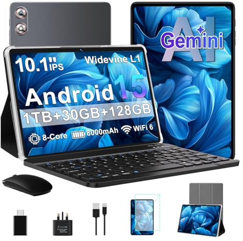 fezawio 10.1 Inch Android 15 Tablet with Gemini AI, 30GB RAM 128GB ROM, 1TB Expandable, Octa-Core, WiFi 6, Widevine L1, 8000mAh, Included Mouse, Keyboard & Case, Grey