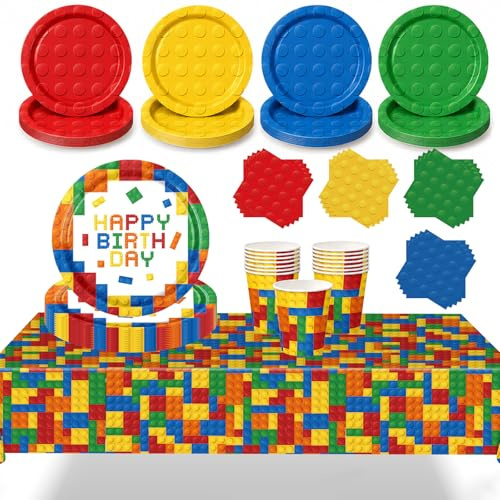 AURALIN Building Blocks - Servizio da tavola per feste, 69 pezzi, per 16 ospiti | Include piatti di carta da 7 pollici e 9 pollici, bicchieri, tovaglioli e tovaglia a tema mattoni per feste di compleanno