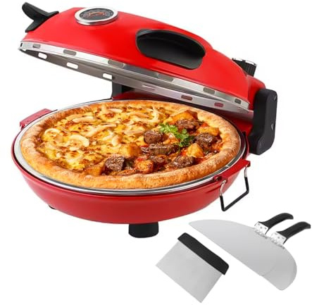 Forno elettrico per pizza da 1200 W, portatile, con base in pietra e padella antiaderente, calore max 420 °C, include taglierina e paletta per pizza