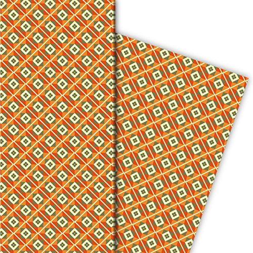 Kartenkaufrausch Vintage Geschenkpapier Set 4 Bogen, Dekorpapier mit Retro Kachel Dekor, orange, für tolle Geschenkverpackung, Musterpapier zum basteln 32 x 48cm
