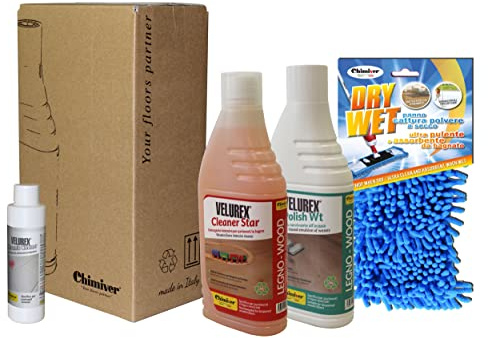 Chimiver - Kit de nettoyage pour parquet-planchers en bois vernis: 1 CLEANER STAR (Nettoyant) + 1 POLISH WT (cire) + 1 chiffon nettoyant microfibre + 200ml en hommage de CERAMIC CLEANER (céramique)