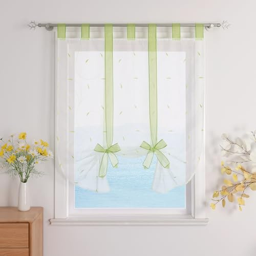 ESLIR Raffrollo mit Schlaufen Raffgardinen Gardinen Küche Grün 140x140cm | Bindegardine,Transparent,Schlaufenrollo,Vorhänge mit Stickerei,Modern Voile,Fensterrollo 1Stück,Landhaus,Bestickt