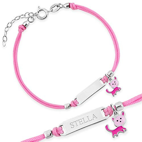 Maverton Kinder ID Armband 925 Silber mit Gravur + personalisierte Geschenkbox - Baby Armkette mit Anhänger - Namensarmband für Mädchen zur Geburt zur Taufe - Länge: 13-16 cm - Rosa -