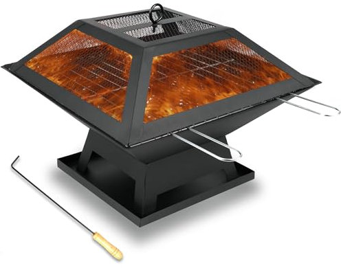 ZENO Square Fire Pit | BBQ Grill Heater 3 in 1 | Outdoor Garden Patio Heater Firepit | Metal Square Garden Accessories with Log Poker | Mesh Screen Lid | Brazier Patio Outside