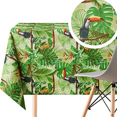KP Home Grüne Tropische Dschungel Abwischbare Tischdecke Textil-Look - 140x140cm | 55x55in Quadratisch Passend für 4 Plätze - Wasserdichte PVC Abwischbare Plastik Tischdecke - Garten Küche - Tukan
