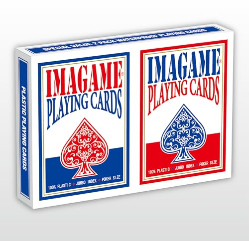 IMAGAME Plastic Playing Cards, Poker Size, Casino Quality, Jumbo Index, Waterproof & Washable, Perfect for Texas Hold’em Poker, 1 Blue Deck & 1 Red Deck