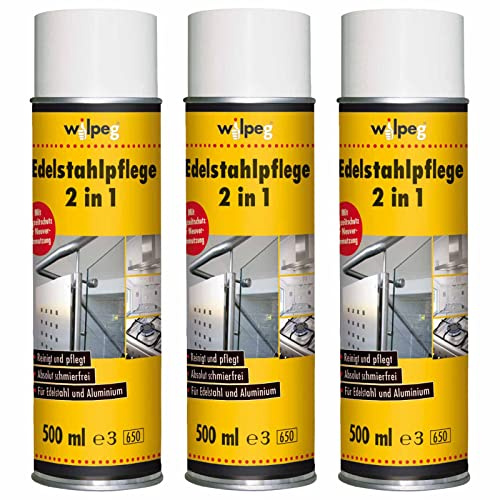 WILPEG Edelstahlpflege 2in1 500 ml | Pflegespray für Metall & Alu | 3er | Reinigungs-Spray gegen Fett, Öl & Kalk | Schlierenfrei | Langzeitschutz | Bis zu 240 m² Ergiebigkeit | Innen & Außen