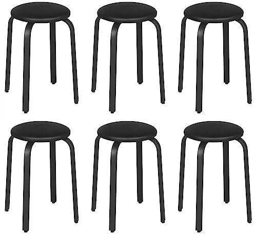 Lestarain 6er-Set Hocker stapelbar, Esszimmerhocker, Küchenhocker, Bürohocker mit Kunstlederbezug, Sitzhocker rund, Polsterhocker für Esszimmer Wohnzimmer, schwarz, LCNI116002-6