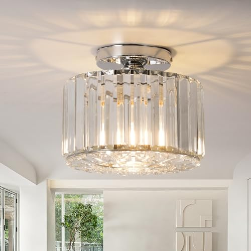 ZYDTRIP Crystal Ceiling Light Fixture Semi Flush Mount Ceiling Lamp Modern Silver Crystal Chandelier for Living Room Hallway Dining Room Kitchen