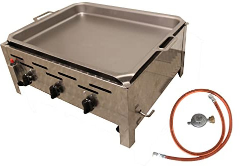 BSR-Grillen 3-flammiger Profi Gasgrill aus Edelstahl, stufenlos regelbar, Gasbräter, Gastrogrill, Gastrobräter mit Gasschlauch und Druckminderer (11 kW | Grillpfanne Stahl)