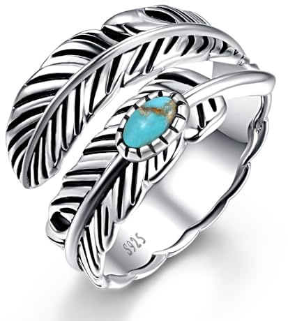 BONLAVIE Türkis Feder Ring, Sterlingsilber Vintage Verstellbar Offen Ringe Silber 925 Statement Schmuck Geschenke für Damen Frauen