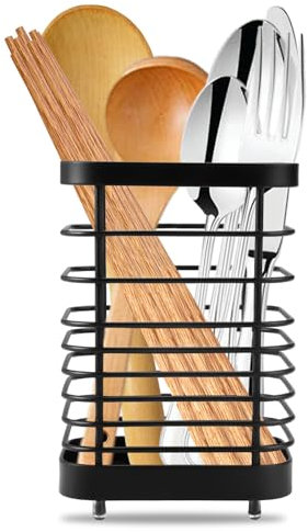 EXIN DEHCEN Scolaposate Nero, Cesto Portaposate in Acciaio Inox Scolaposate Acciaio Porta Mestoli Nero Porta Utensili Da Cucina per Organizzare Cassetti e Piani di Lavoro