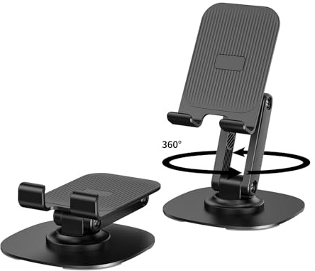 CXTX 360° Rotating Cell Phone Stand for Desk, Adjustable & Foldable Phone Holder, Aluminum Desktop Phone Stand with Anti-Slip Base, Compatible with iPhone, iPad, Android Phones, K69-Black