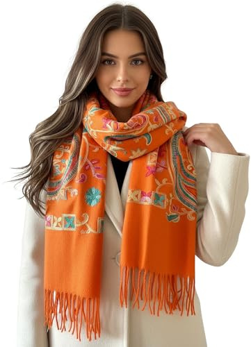 Women Pashmina Scarf Shawl Wrap - Large Long Paisley Floral Rainbow Ladies Scarves, Wearable Blanket Scarf, Womens Winter Scarfs, Indian Shawl Wedding Evening Stole, Cashmere (Orange Rainbow Paisley)