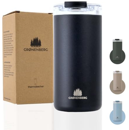 Groenenberg Thermobecher 473 ml | Kaffeebecher to go 100% Auslaufsicher | Hält mind. 4 h warm | Coffee to go Becher aus recyceltem Edelstahl (Black)