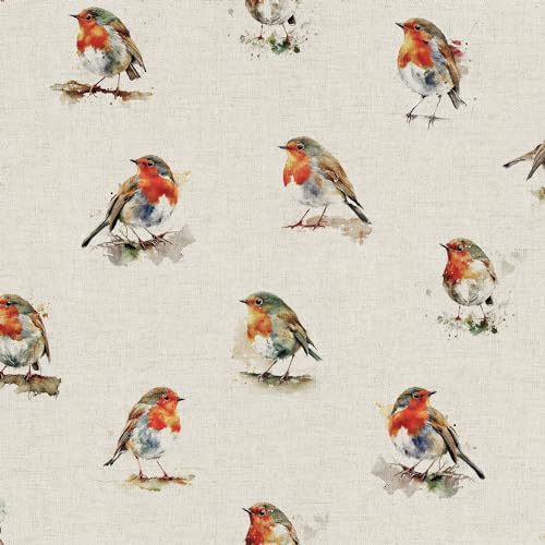 Cotton Rich Linen Look Upholstery Fabric 'Watercolour Robins' Digital Print - Per Metre - 140 cm Wide