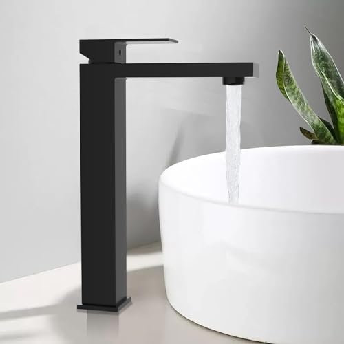 BuntHaus Rubinetto Bagno Nero, Rubinetto Lavabo Alto, Altezza beccuccio 250 mm, Miscelatore Monocomando, Acqua Calda e Fredda,Acciaio Inox, per Lavabi Sopra il Piano (Nero opaco)