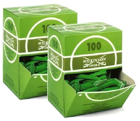 Wilkinson Sword Hospital - Packung mit 2 Packungen mit 100 Rasierklingen, uni, grün, aus legiertem Stahl, Einweg-Spenderbox, geeignet für den Einsatz in Krankenhäusern und Gesundheitszentren