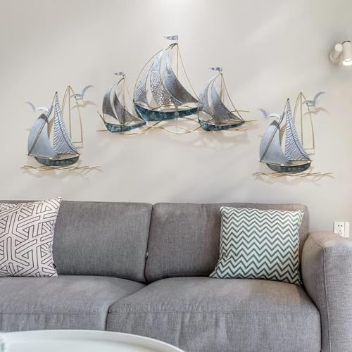 edaknez Set mit 3 Metall-Segelboot-Wandkunst, 3 Stück, blaues Schiff, Metall-Wanddekoration