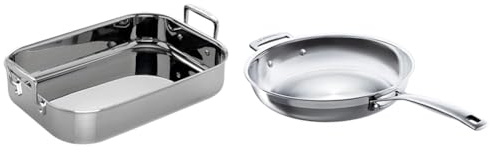 Le Creuset 3-Ply Stainless Steel Rectangular Roaster, 35 cm, Silver, 96102270000000 & Le Creuset 3-Ply Stainless Steel Uncoated Frying Pan, 28 x 6 cm, 96200228001100
