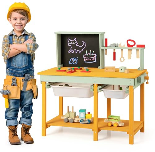 HOMASIS Banco da Lavoro per Bambini, Tavolo da Lavoro Bambini in Legno con Scaffale per Attrezzi e Lavagna, Set di Banchetto da Lavoro Bambini con 16 Accessori, Adatto a 3+ anni, 84,5 x 37 x 80,5 cm