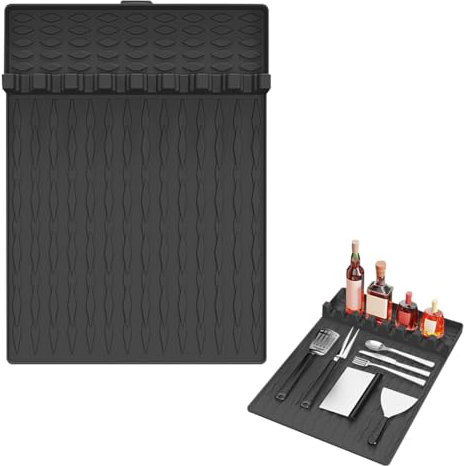 DIYBravo Silicone Griddle Tools Mat for Blackstone Side Shelf Mat Grill BBQ Caddy Utensils Holder Spatula Mat with Drip Pad Blackstone Griddle Accessories for Cooking Grilling Kitchen (Black)