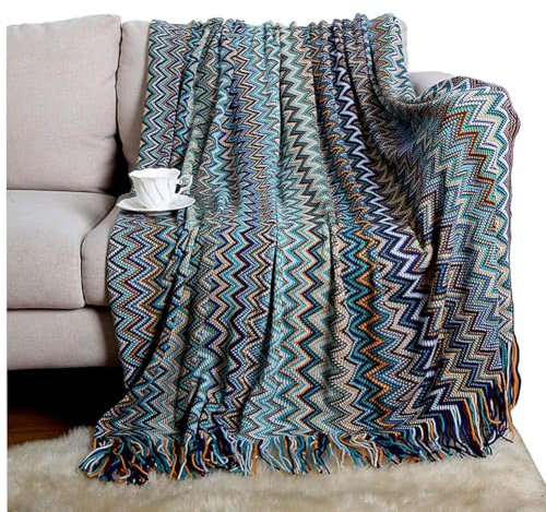 ypuxil Kuscheldecke,Boho Decke Sofadecke Mit Quaste,flauschig Weiche Strickdecke,warme Bettdecke Buntes Streifenmuster Reisedecken Für Schlafzimmer, Wohnzimmer, Büro,50x80in,Blue