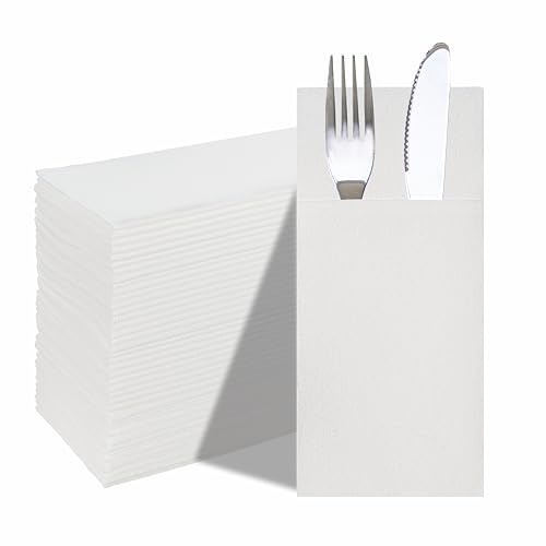 JEBBLAS 100pcs Disposable Dinner Napkins, Cloth Like Napkins Built-in Flatware Pocket, Folded Napkins with Pocket, Pocket Napkins for Silverware
