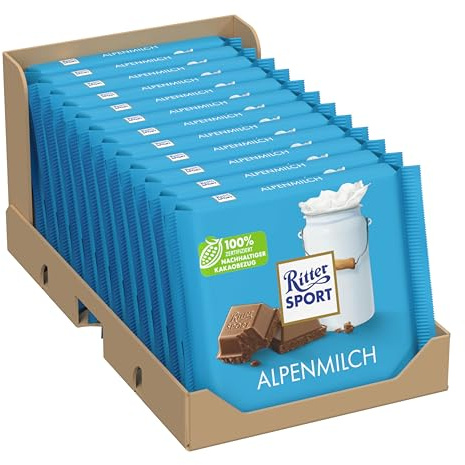 Ritter Sport Alpenmilch, Vollmilchschokolade mit feiner Honig- & Karamellnote, Schokoladen-Klassiker, perfekt zum Naschen und Genießen, Geschenkidee, 12 x 100g Tafeln