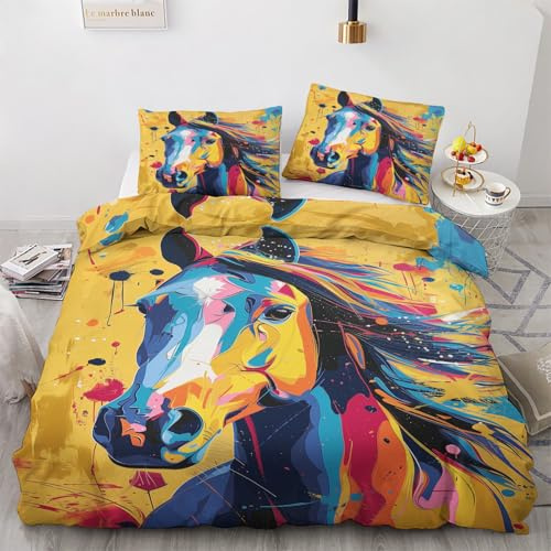 Housse de Couette 240 x 260 Cheval - Decoration Cheval, Parure de Lit 2 Personnes Imprimée Animaux Aquarelle, Linge de Lit en Microfibre Douce avec Fermeture éclair, 2 Taies d'oreiller 65x65 cm P*&90