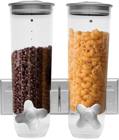 Qussse Müslispender doppelt, 3L Wandmontage Cerealienspender mit 2 Tassen Doppelt Trockene Lebensmittel Spender für Zucker Nüsse Körner (Silber)