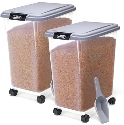 Nobleza - 2 Piezas Contenedor de Comida para Mascotas 30L, Mascotas Caja de Alimentos con Ruedas Contenedor, Tapa abatible, hermética, Transparente, Ruedas y Pala, para Comida para Perros y Gatos