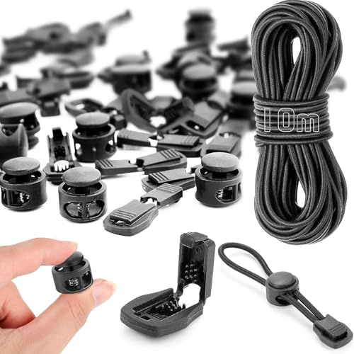 10m Elastische Gummischnur 3mm, Gummiband Rund Schnur Elastische Gummiseil mit 40 Kordelstopper Kordelklemme 20 Kordelstopper 2 Loch Schwarz Gummikordel für Kordelzug Rucksack Bekleid Wäscheleinen