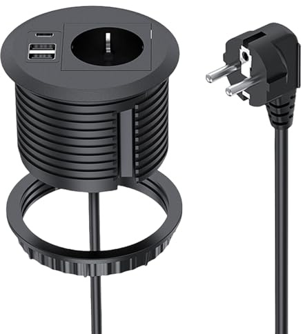 BAIFULAI Einbausteckdose mit USB, Steckdosenleiste für 80mm Tischloch, Schreibtisch Steckdose mit 1 Socket, 2 USB-A Anschluss, 1 USB-C Anschluss und 1,7 m Netzkabel, Einbausteckdose Versenkbar
